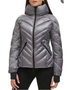 Guess Quilted Puffer Jacket In Gunmetal Women’s Size Large Lightweight Thick